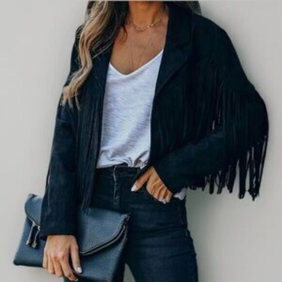 Jackets & Blazers - Black Fringe Women's Jacket faux suede blazer